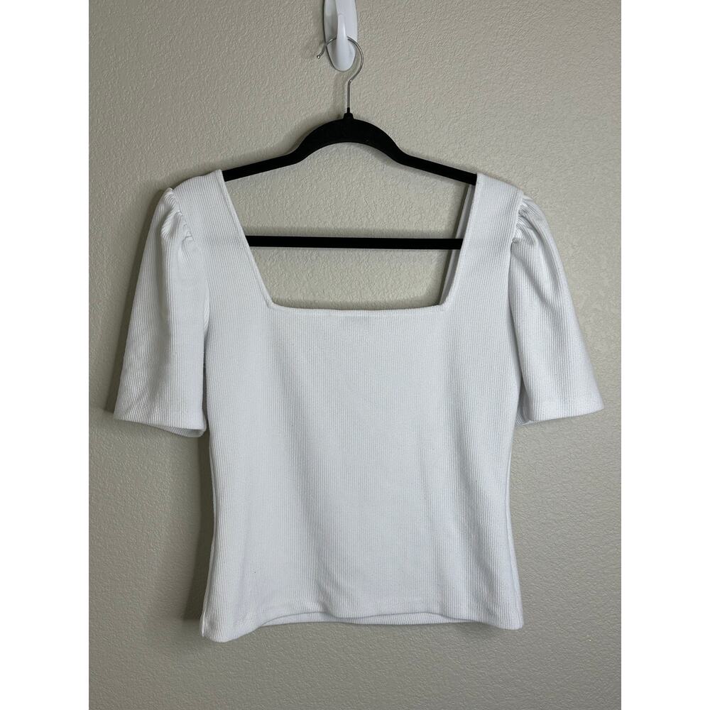 Club Monaco White Ribbed Blouse Short Puff Sleeve Square Neck Stretch Top M - Picture 2 of 6